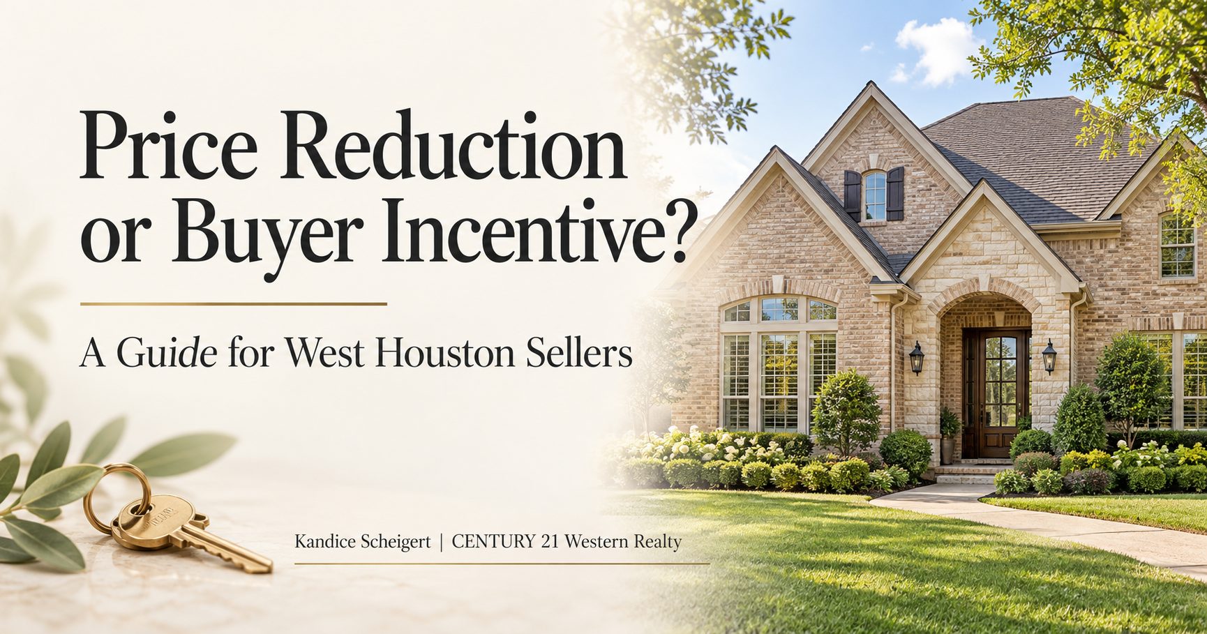 Brick home and house keys beside the headline “Price Reduction or Buyer Incentive? A Guide for West Houston Sellers.”